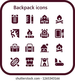  backpack icon set. 16 filled backpack icons. Simple modern icons about  - Sleeping bag, School, Bonfire, Climbing, Backpack, Dissection, Sport bag, Cabin, Rafting, Penknife