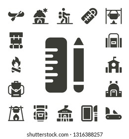 backpack icon set. 17 filled backpack icons.  Collection Of - Canoe, Backpack, Bonfire, School, Sport bag, Cabin, Hiking, Sleeping bag, Dissection, Penknife