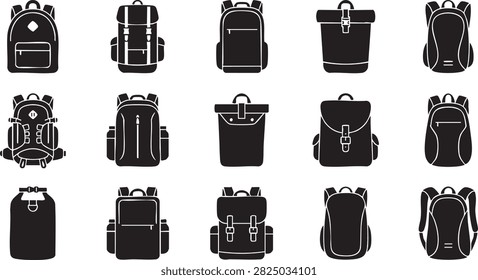 Backpack icon set with black bag silhouettes for travel school camping and outdoor adventures