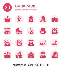 backpack icon set. Collection of 20 filled backpack icons included School, Hiker, Backpacks, Backpack, Climbing, Camping, Raft
