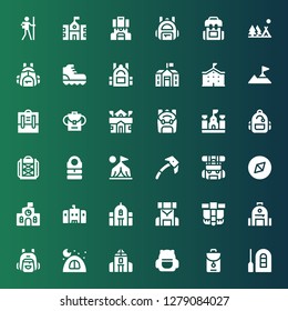 backpack icon set. Collection of 36 filled backpack icons included Raft, Backpacks, Backpack, School, Camping, Belt pouch, Adventure, Ice axe, Camp, Sleeping bag, Climbing, Hiker