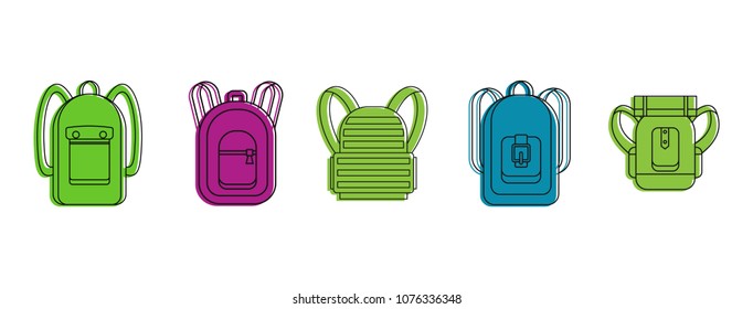 Backpack icon set. Color outline set of backpack vector icons for web design isolated on white background