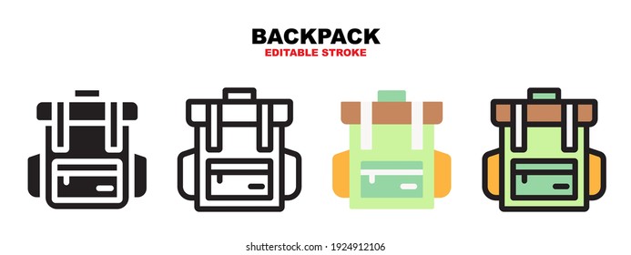 Backpack icon set with different styles. Colored vector icons designed in filled, outline, flat, glyph and line colored. Editable stroke style can be used for web, mobile, ui and more.