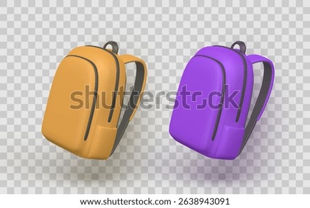 Backpack Icon Set Featuring Minimal 3D Cartoon Style in Bright Yellow and Purple Colors on Transparent Background. Perfect for School, Travel, and Lifestyle Projects. Vector Illustration.