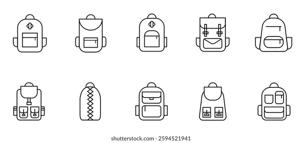 backpack icon set, icons, sign, symbol, vector illustration round pocket for school hiking trip outline editable stroke