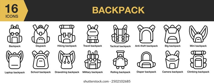 Backpack icon set. Includes military, laptop, mini, travel, tactical backpack, and More. Outline icons vector collection.