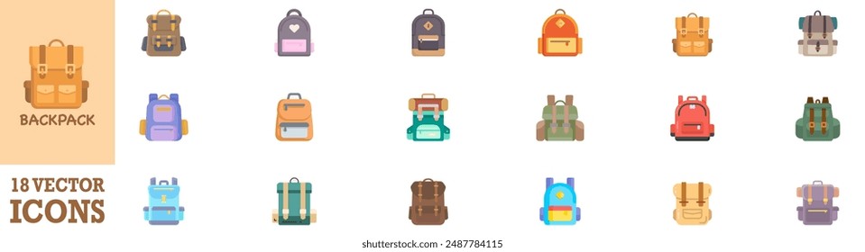 Conjunto de iconos de mochila. Icono de Vector de bolso escolar. Cartel de mochila. Icono de bolso de picnic de viaje para diseños de UI. Ilustración vectorial. Gráfico de Vector. EPS 10