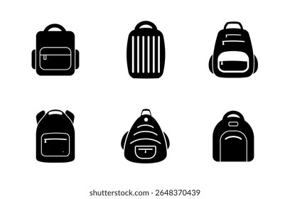 Backpack icon set. School bag symbol, simple rucksack outline, schoolbag pictogram, travel knapsack or bagpack silhouette, suitcase or backpack, backpack vector illustration