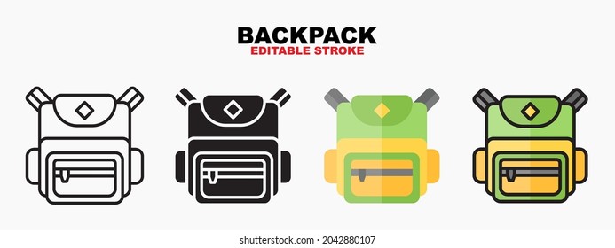 Backpack icon symbol set of outline, solid, flat and filled outline style. Isolated on white background. Editable stroke vector icon.