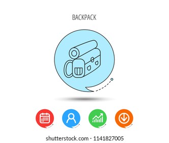 Backpack icon. Travel equipment sign. Back to school symbol. Calendar, User and Business Chart, Download arrow icons. Speech bubbles with flat signs. Vector