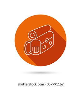 Backpack icon. Travel equipment sign. Back to school symbol. Round orange web button with shadow.