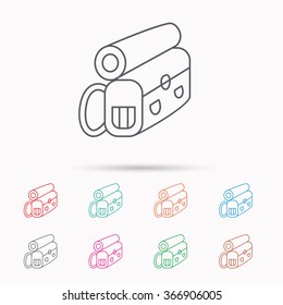 Backpack icon. Travel equipment sign. Back to school symbol. Linear icons on white background.