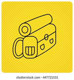 Backpack icon. Travel equipment sign. Back to school symbol. Linear icon on orange background. Vector