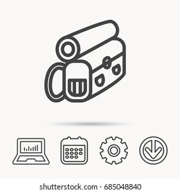 Backpack icon. Travel equipment sign. Back to school symbol. Notebook, Calendar and Cogwheel signs. Download arrow web icon. Vector