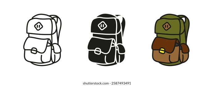 Backpack icon. Travel gear vector illustration. Classic rucksack symbol for hiking, camping, or trekking. Outdoor adventure and tourism sign. School bag or expedition equipment pictogram.