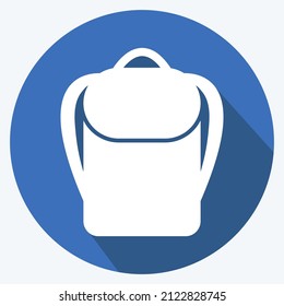 Backpack Icon in trendy long shadow style isolated on soft blue background