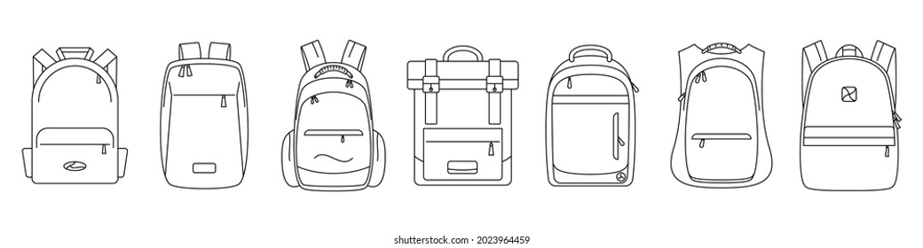 Backpack icon. Vector illustration. Set of black linear backpack icons. Isolated backpack icons