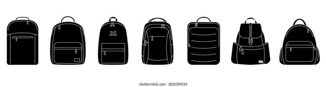 Backpack icon. Vector illustration. Set of black backpack icons. Isolated backpack icons