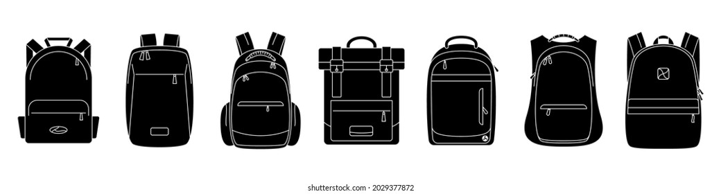 Backpack icon. Vector illustration. Set of black backpack icons. Isolated backpack icons