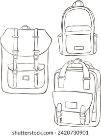 Backpack icon. Vector illustration. Set of hand drawn linear backpack icons.