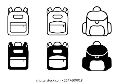 
Backpack icons. line and black solid icons. school bag icon set. Backpack collection on white background