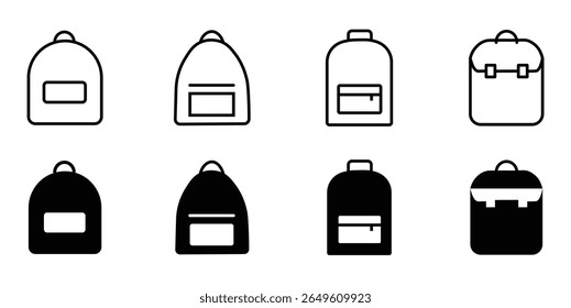 
Backpack icons. line and black solid icons. school bag icon set. Backpack collection on white background