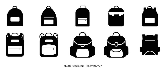 
Backpack icons. line and black solid icons. school bag icon set. Backpack collection on white background