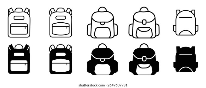 
Backpack icons. line and black solid icons. school bag icon set. Backpack collection on white background