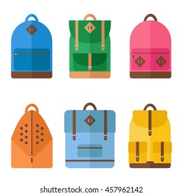 Backpack icons on white background. Backpack for school, sport, travel. Flat style vector illustration. 