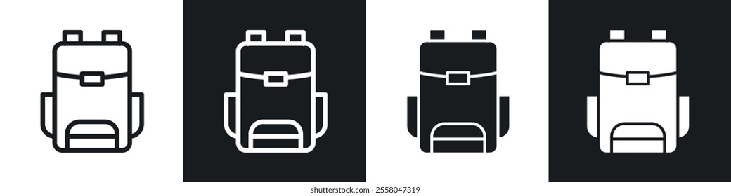 Backpack icons pack in black and white filled and outlined versions.