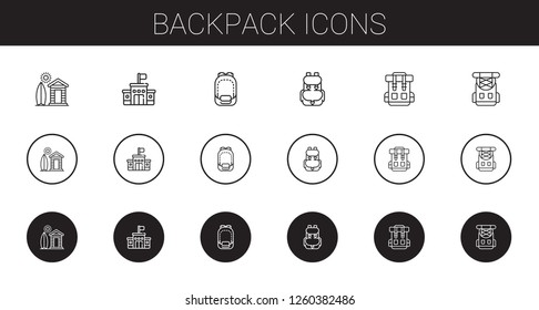 backpack icons set. Collection of backpack with cabin, school, rucksack. Editable and scalable backpack icons.