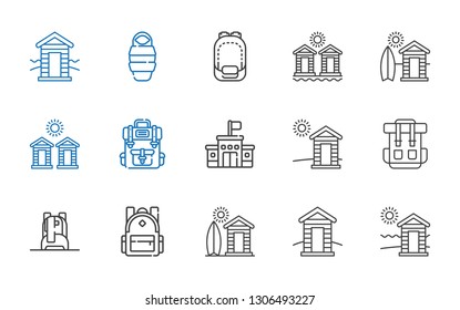 backpack icons set. Collection of backpack with cabin, school, cabins, sleeping bag. Editable and scalable backpack icons.