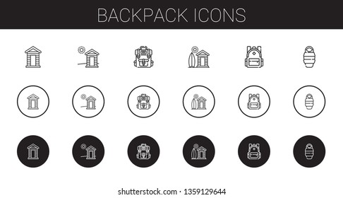 backpack icons set. Collection of backpack with cabin, sleeping bag. Editable and scalable backpack icons.