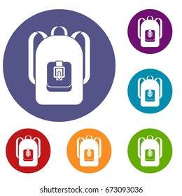 Backpack icons set in flat circle reb, blue and green color for web