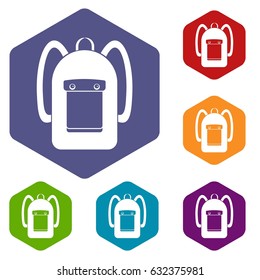 Backpack icons set hexagon isolated vector illustration