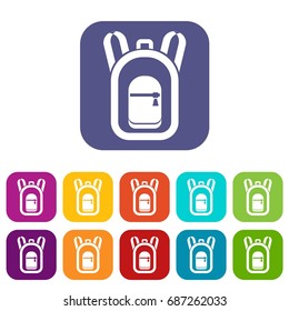 Backpack icons set vector illustration in flat style in colors red, blue, green, and other