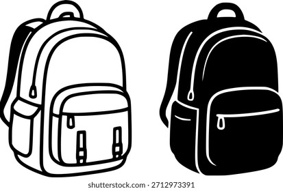 Ilustración de mochila, versiones en blanco y negro, contorno y silueta