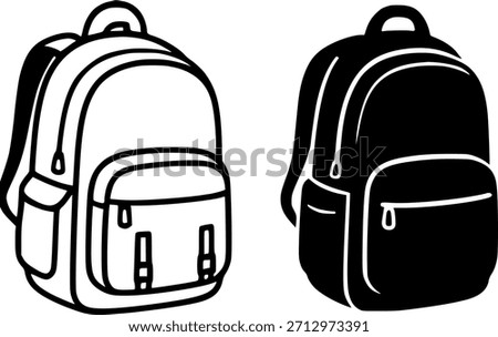Backpack illustration, black and white, outline and silhouette versions