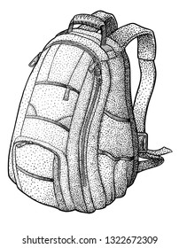 Backpack illustration, drawing, engraving, ink, line art, vector