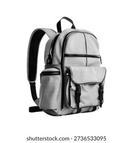 Backpack illustration in monochrome halftone style. Modern travel and school bag with pockets and straps, isolated on white background, suitable for education, adventure, lifestyle and urban design concepts.