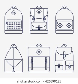 Backpack isolated icons set on background. Backpack for school, sport, travel. Flat line style vector illustration.  