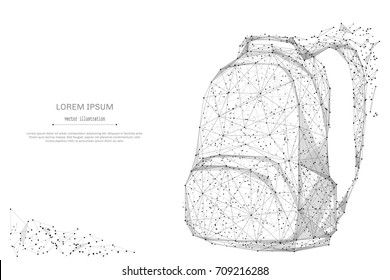 Backpack isolated from low poly wireframe on white background. Back to school concept. Vector abstract polygonal image mash line and point hands collect puzzle with an inscription. Digital graphics