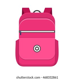 Backpack isolated on white background. School bag handle strap sack in flat style. Pink schoolbag supplies educational