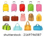 Backpack isolated on white. Travel backpack isolated objects. Сamping bag. Equipment for hiking, mountaineering, expeditions. Sport, lifestyle, hobby concept. vector flat illustration