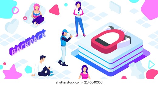 Backpack isometric design icon. Vector web illustration. 3d colorful concept