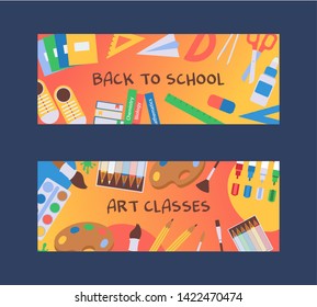 Backpack items vetor illustration. Back to School. School essentials and accessories glue rubber scissors copybooks book. Supplies art classes, watercolour, brushes, pencils, highlihgters.