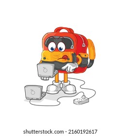 Rucksack mit Laptop-Maskottchen. Cartoon-Vektorgrafik