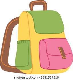 A backpack with a large flap and multiple pockets in a playful style. The bag features a handle and contrasting compartments. Cartoon vector illustration.