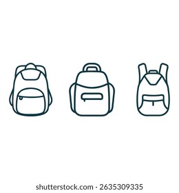 Backpack Line art Icon Set, Three Different Designs of School Travel Bag in Outline Style