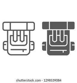 Backpack line and glyph icon, bag and tourism, rucksack sign, vector graphics, a linear pattern on a white background.